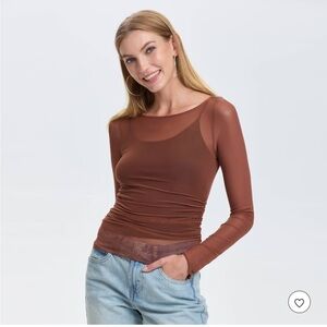 Women's Long Sleeve Boat Neck Mesh Top - Wild Fable™ in Rust, NWT
